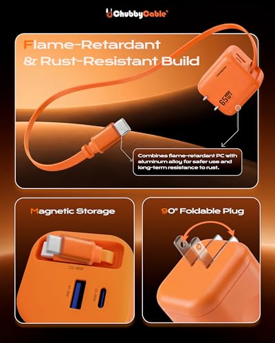 ChubbyCable 65W GaN Wall Charger with Retractable USB C Cable, Orange