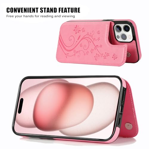 Wallet Case Compatible with iPhone 15,Slim Protective case with Card Holder,Premium PU Leather Kickstand Card Slots with Double Magnetic Clasp for iPhone 15(6.1")-Pink Butterfly - color: Pink