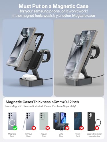 3 in 1 Charging Station for Samsung, Foldable Wireless Charger Station, Travel Magnetic Fast Charger Stand for Galaxy S26-S21/Z Fold/Flip Series, Galaxy Watch Ultra/8-5 & Galaxy Buds Pro/3/2 Series