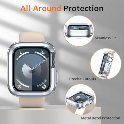 Amizee 2 in 1 Metal Rugged Case Compatible with Apple Watch Series 9/8/7 45mm, Aluminum Shockproof Protective Bumper Cover for iWatch 45mm, Silver - color: Silver, size: 45mm