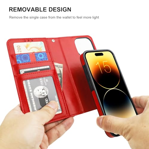 Bocasal Detachable Wallet Case Card Holder for iPhone 15 Pro, Red | RFID Blocking Kickstand Card Slots Holder PU Leather Magnetic Shockproof Wrist Strap Removable Flip Protective Cover 6.1 inch - color: Red