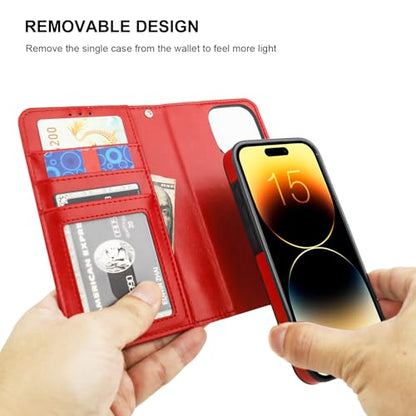 Bocasal Detachable Wallet Case Card Holder for iPhone 15 Pro, Red | RFID Blocking Kickstand Card Slots Holder PU Leather Magnetic Shockproof Wrist Strap Removable Flip Protective Cover 6.1 inch - color: Red