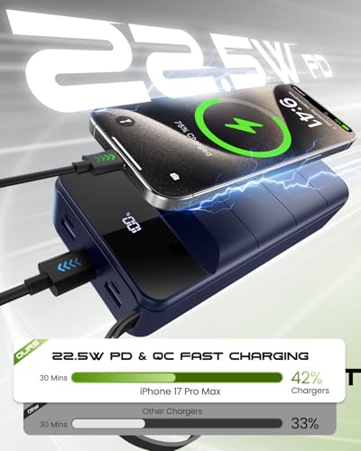 Portable Charger 60000mAh Power Bank 22.5W Fast Charging USB C Battery Pack - color: Blue