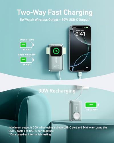 Anker MagGo Power Bank for Apple Watch, 10,000mAh 35W Max Portable Charger - color: Green