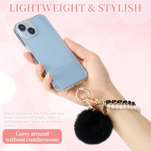WOZEAH Phone Charm for Women, Beaded Wrist Strap Lanyard with Tether Tab – Detachable Phone Chain Wristlet - color: Black Pompom