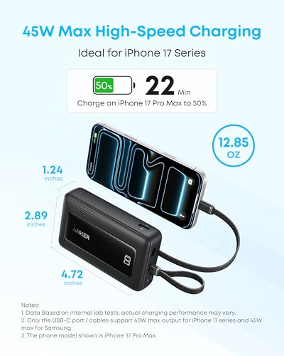 Anker Power Bank,20,000mAh 45W Portable Charger,Dual Built-in USB-C Cables - color: Blue, size: Built-in C cable*2