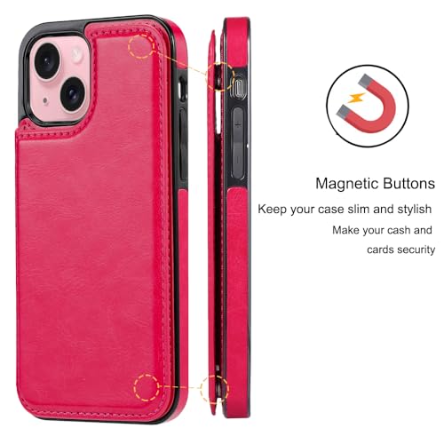 Wallet Case Compatible with iPhone 15 6.1”,Slim Protective case with Card Holder, PU Leather Kickstand Card Slots Case with a Screen Protector-Rose Red - color: Rose Red