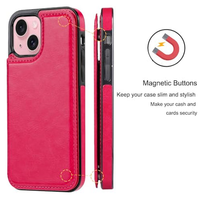 Wallet Case Compatible with iPhone 15 6.1”,Slim Protective case with Card Holder, PU Leather Kickstand Card Slots Case with a Screen Protector-Rose Red - color: Rose Red