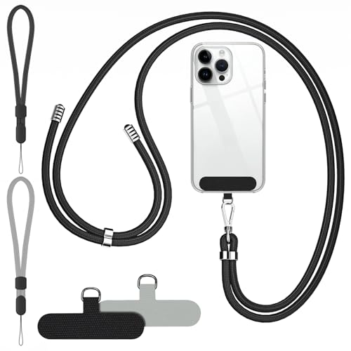 SHANSHUI Phone Lanyard, 2 Pack Adjuatble Wrist Straps Crossbody Nylon Cell Phone Leash and 2 Pack Tether Pads Compatible with iPhone & All Smartphones in Full Cover Cases - color: Grayx2+Black