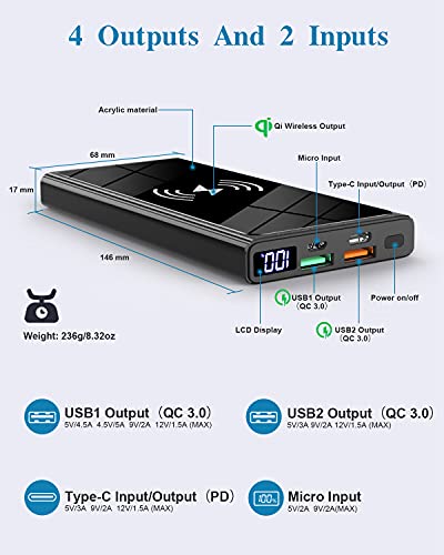 Wireless Portable Charger, Ultra Slim PD20W USB C Fast Charging 10000mAh Power Bank LED Display, External Battery Pack, Travel Essential Phone Powerbank for iPhone 17 16 Samsung S25 Google etc (black) - color: black
