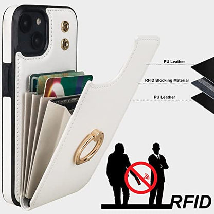 Folosu Compatible with iPhone 14 Plus Case Wallet with Card Holder, 360°Rotation Finger Ring Holder Kickstand, RFID Blocking Leather Protective Double Buttons Shockproof Cover 6.7 Inch White - color: White, size: iPhone 14 Plus