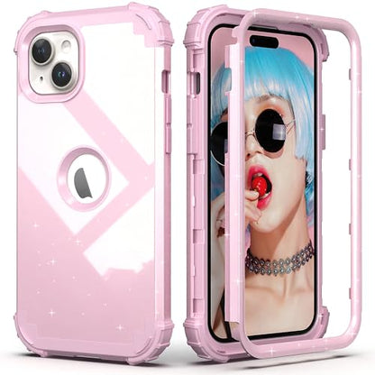 IDweel for iPhone 15 Case with Screen Protector,Luxury 3 in 1 Shockproof Slim Fit Hybrid Heavy Duty Protection Glitter Hard PC Cover Soft Silicone Sturdy Bumper Full Body Case,Glitter Pink - color: Glitter Pink