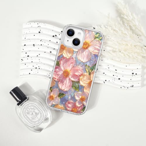 for iPhone 13 Mini 5.4" Magnetic Case【Compatible with MagSafe】 Aesthetic Oil Painting Stained Glass Flower Design, Slim Fit Hard PC Back Shockproof Cute Clear Phone Cover, Pink - color: Pink, size: iPhone 13 Mini