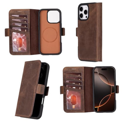 Bayelon Leather Wallet Case for iPhone 16 Pro 6.3" - Flip Cover Card Holder, iPhone 16 Pro Wallet Folio Case, Kickstand, MagSafe Compatible RFID, Real Leather iPhone 16 Pro Cover (Dark Brown) - color: Dark Brown, size: iPhone 16 Pro