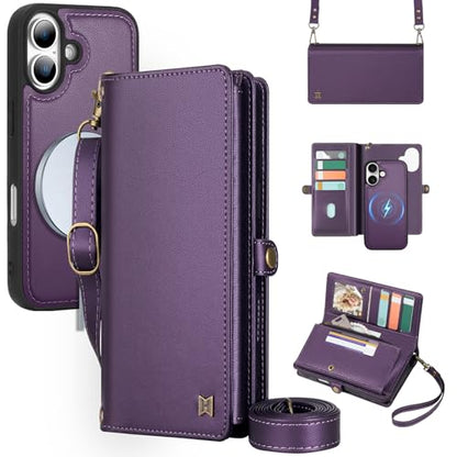 for Wallet Case Compatible with iPhone 17,Multi-Function Detachable 3 in 1 Magnetic iPhone 17 Case Wallet,Flip Strap Zipper Card Holder Phone Case with Shoulder Straps (Pruple) - color: Purple, size: iPhone 17
