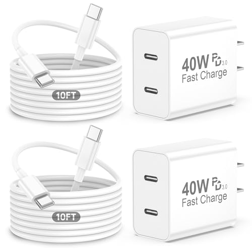 iPhone 17 Pro Max Charger Fast Charging, 40W Dual USB C Fast Charger - color: White, Dual USB-C ports, size: 10ft