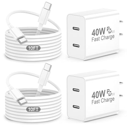 iPhone 17 Pro Max Charger Fast Charging, 40W Dual USB C Fast Charger - color: White, Dual USB-C ports, size: 10ft