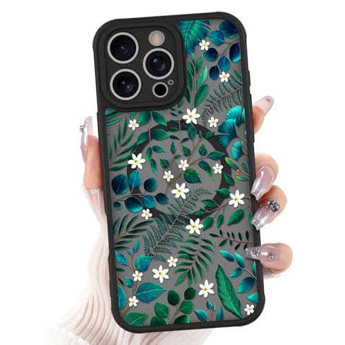 Designed for iPhone 16 Pro Max Case Green Leaf Floral Pattern, Black | [Compatible with MagSafe] Translucent Matte Backplate Slim Fit Anti Shock Anti Fall Protection Phone case for Girls Women - color: Green Leaves Flower, size: iPhone 16 Pro Max