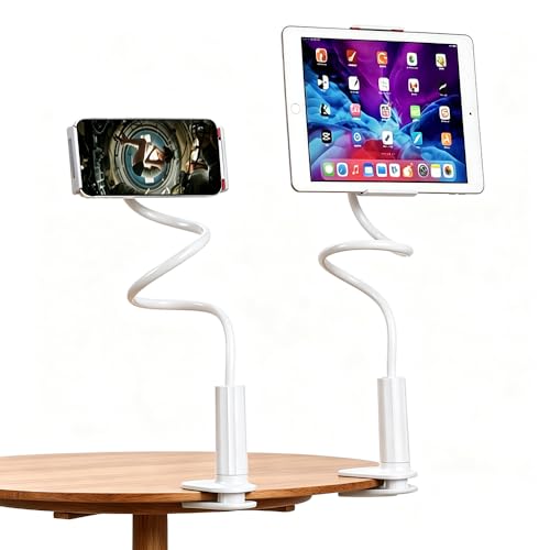 2-in-1 Gooseneck Phone & Tablet Holder for Bed, Flexible Clamp Mount & Overhead Stand for Desk & Headboard, Compatible with iPhone 17/16/15/14 and 4–10.6" Devices (White) - color: White
