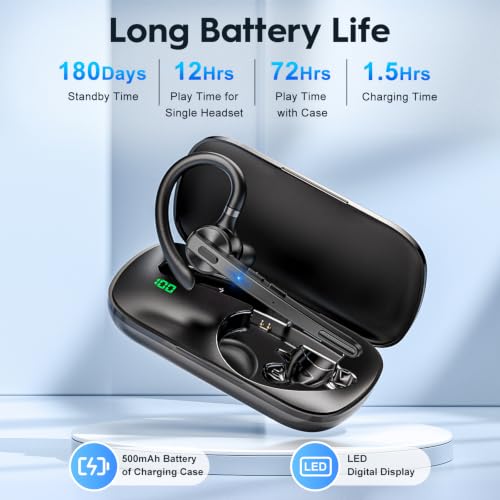 Bluetooth Headset 72H Work Single-Ear Wireless Earpiece for Cell Phone Call - color: All Black