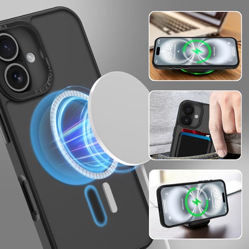 Magnetic Designed for iPhone 16 Case 6.1" 2024, Black | [Compatible with Magsafe] [with Wallet & Card Holder] [Military Drop Protection] Slim Translucent Matte Phone Case - color: Black, size: iPhone 16