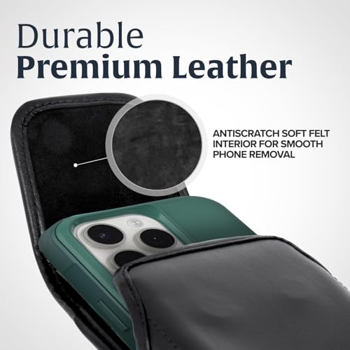 Turtleback Belt Holder for iPhone 16 Pro Max, 15 Pro Max, 14 Pro Max -Medium- Fits w/Shockproof Commuter Style Cases, Premium Black Leather Vertical Holster, Magnetic Close Leather Wrapped Clip - color: Vertical - Leather w/ Leather Clip, size: Medium