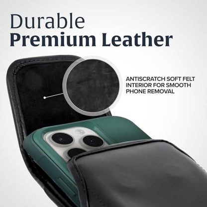 Turtleback Belt Holder for iPhone 16 Pro Max, 15 Pro Max, 14 Pro Max -Medium- Fits w/Shockproof Commuter Style Cases, Premium Black Leather Vertical Holster, Magnetic Close Leather Wrapped Clip - color: Vertical - Leather w/ Leather Clip, size: Medium