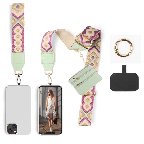 Clip and Go Phone Strap with Wallet Crossbody, Phone Chain Cross Body with Detachable Zippered Pouch, Phone Lanyard with Purse, Adjustable Mobile Strap (Green) - color: Green