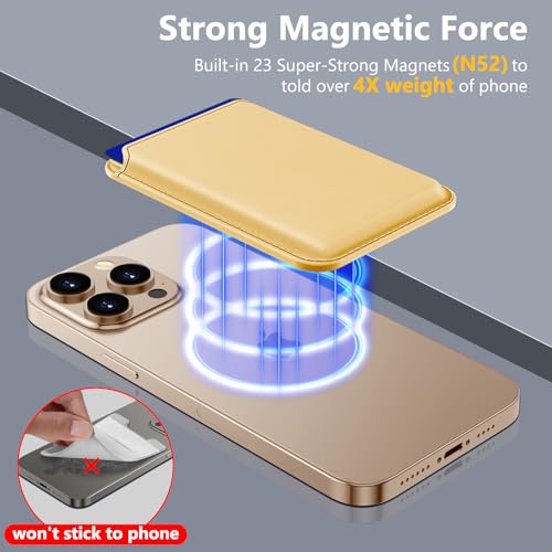 Upgraded MagSafe Wallet, Magnetic Phone Wallet 3 Cards Holder, 23 Magnets, Credit Card RFID Blocking, Slim Leather, Magnetic Wallets for iPhone 17/16/15/14/13/12 Series-Gold - color: Gold