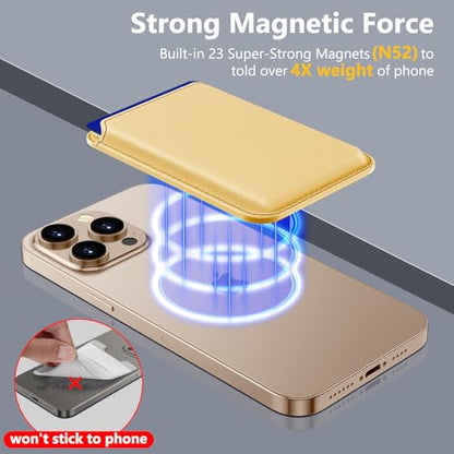 Upgraded MagSafe Wallet, Magnetic Phone Wallet 3 Cards Holder, 23 Magnets, Credit Card RFID Blocking, Slim Leather, Magnetic Wallets for iPhone 17/16/15/14/13/12 Series-Gold - color: Gold