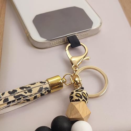 Phone Lanyard Silicone Beaded Phone Wrist Strap Cute Elastic Cell Phone Wristlet Chain Bracelet with 2 Tether Tab - color: Brown Leopard