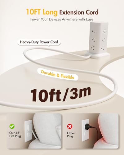 12AC 3USB Power Strip Tower Surge Protector 1800J, 10ft, White, 1 - color: White, size: 10ft