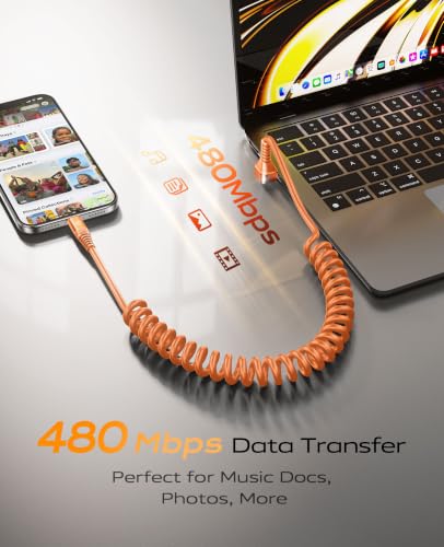 90 Degree Coiled USB A to USB C Cable, 3FT&6FT USB C Cable 3A Fast Charging - color: Orange, size: 3FT+6FT