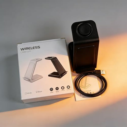 3 in 1 Wireless Charging Station, 15W Wireless Charger Stand for iPhone, Charging Dock for Watch and AirPods, Type C Input with 1m Cable Included, ABS Desk Nightstand Charger