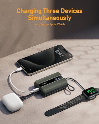 VEEKTOMX PD 30W Power Bank Fast Charging with Built-in Cable for iPhone, Small Portable Charger 10000mAh, Portable Apple Watch Charger, Compact Battery Pack for iPhone 14/13/12/11/iWatch, Green - size: Lightning Green