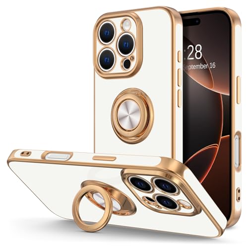 Hython for iPhone 16 Pro Case with Ring Stand, 360° Rotatable Ring Holder Magnetic Kickstand, Plating Rose Gold Edge Soft Cover Protective Phone Case for iPhone 16 Pro 6.3", White - color: White, size: Iphone 16 Pro - 6.3 Inch
