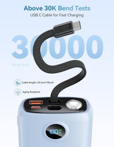 DIAMUAR Portable Charger 20000mAh 45W, Built in USB C Cable, 3W Flashlight - color: Blue