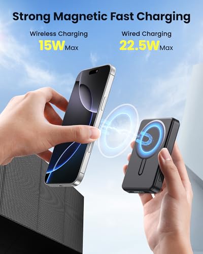 for Magsafe Battery Pack, 10000mAh Magnetic Portable Charger Power Bank PD 22.5W Fast Charging, USB C in & Out Wireless Battery Pack Phone Charger for iPhone 16/15/14/13/12 All Series - color: Black
