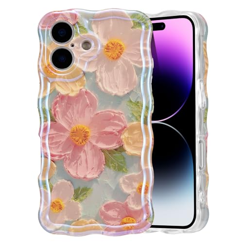 EYZUTAK Case for iPhone 16, Colorful Retro Oil Painting Print Flower, Green | Laser Glossy Floral Pattern, Cute Curly Wave Edge, Exquisite Phone Cover, Stylish Durable TPU Protective Case for Girl Women - color: Green, size: iPhone 16