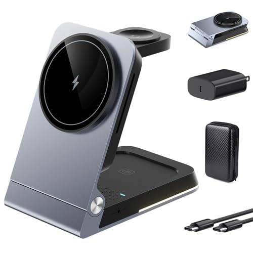 Foldable Wireless Charger 3 in 1 - Magnetic Wireless Charging Station for Apple Magsafe Charger Stand with Light,Aluminum Portable Travel Charger Dock for iPhone 17/16/15/14/13/12,Apple Watch,AirPods - color: Gray