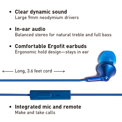 Panasonic ErgoFit Wired Earbuds with Microphone,3.5mm Jack Headphones with Mic and Call Controller,Ergonomic Custom-Fit Earpieces (S/M/L),for Phones & Laptops,RP-TCM125-AA (Metallic Blue) (Pack of 10) - color: Metallic Blue, size: S/M/L (Pack of 10), styl
