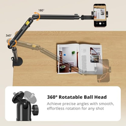 SupeDesk Overhead Camera Mount, Adjustable Desk Mount with Flexible Aluminum Spring Arm, 360° Ball Head, 1/4" 3/8" Screw & Phone Clamp for DSLR Cameras, Light, Heavy Microphones, and Smartphones