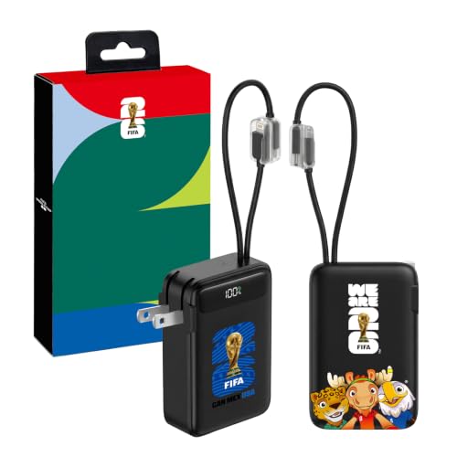 2026 FIFA Licensed Power Bank with Built-in Cable and Foldable Wall Plug, 22.5W 10000mAh Portable Charger, 3-in-1 Power Bank for iPhone 17, FIFA World Cup 2026 Official Merchandise, Blue USA Badge - color: Blue USA Badge