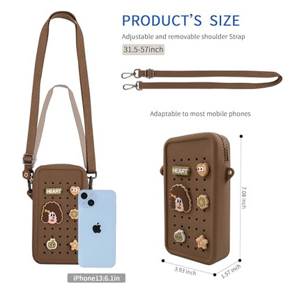 Silicone Crossbody Bag for Women, DIY Charm Compatible Perforated Hole Design, Compact Waterproof Lightweight Phone Purse with Adjustable Strap for Daily Use (Brown) - color: Brown