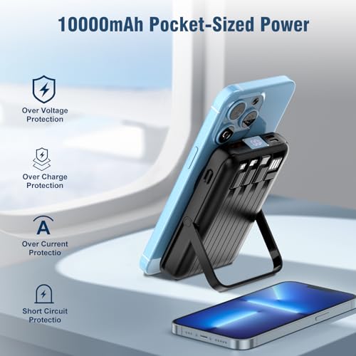 for Magsafe Battery Pack,10000mAh Magnetic Power Bank 22.5W PD Fast Charging with LED Display,Wireless Portable Charger with Built-in Cables and Stand for iPhone 17/16/15/14/13/12/Pro/Pro Max - color: Black-2