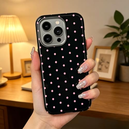 Pink Polka Dot Phone Case for iPhone17 ProMax 16Pro 15 14 13 12 for Samsung 26 Ultra Plus 25 24 Double Layer Protective Shockproof Smartphone Cover (Black, iPhone 17 Pro Max) - color: Black