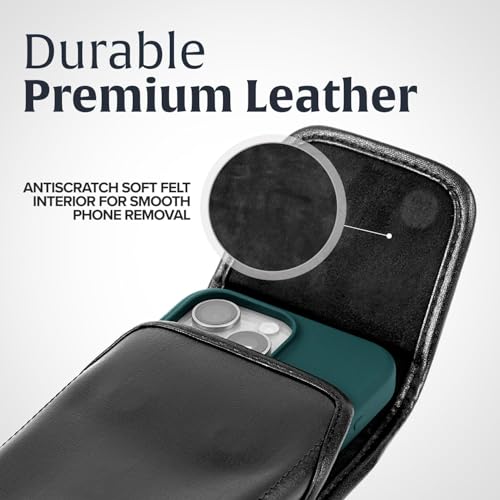 Turtleback Belt Clip for iPhone 16 Pro Max, 15 Pro Max, 14 Pro Max -Small- Fits w/Slim MagSafe Style Cases, Premium Black Leather, Vertical Belt Holder, Magnetic Closure HD Rotating Belt Clip - color: Vertical - Leather w/ HD Clip, size: Small