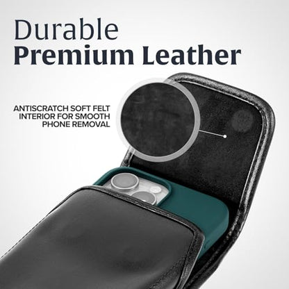 Turtleback Belt Clip for iPhone 16 Pro Max, 15 Pro Max, 14 Pro Max -Small- Fits w/Slim MagSafe Style Cases, Premium Black Leather, Vertical Belt Holder, Magnetic Closure HD Rotating Belt Clip - color: Vertical - Leather w/ HD Clip, size: Small