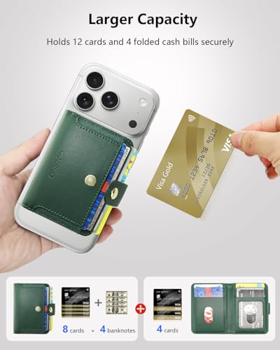 ONETOP for MagSafe Wallet,Magnetic Phone Wallet with 5 Card Slots,Green | 1-12 Cards/Cash Holder for iPhone 17/16/15/14/13/12 Series,Detachable Wallet Stick-On Back,PU Leather RFID Blocking Kickstand - color: Green