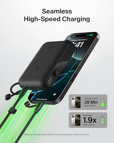 Belkin 10000mAh 20W Slim 2C Power Bank w/Digital Display for iPhone, Galaxy - color: Black, style: 10K mAh